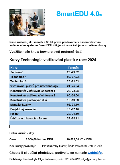 Školení Technologie vstřikování plastů 2024. Kurzy pro jednotlivé profese.